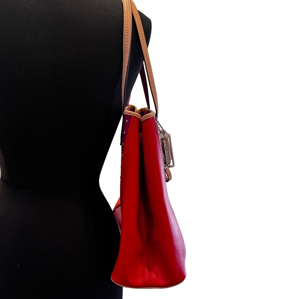 Coach Metro F31325 Magenta Orange Saffiano Leather Colorblock Studs Tote 12x13x6 - Picture 8 of 15